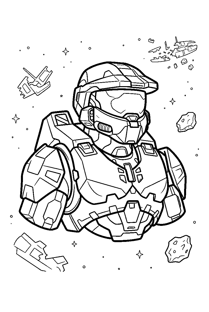 halo master chief in space battlefield floating near debris line art
