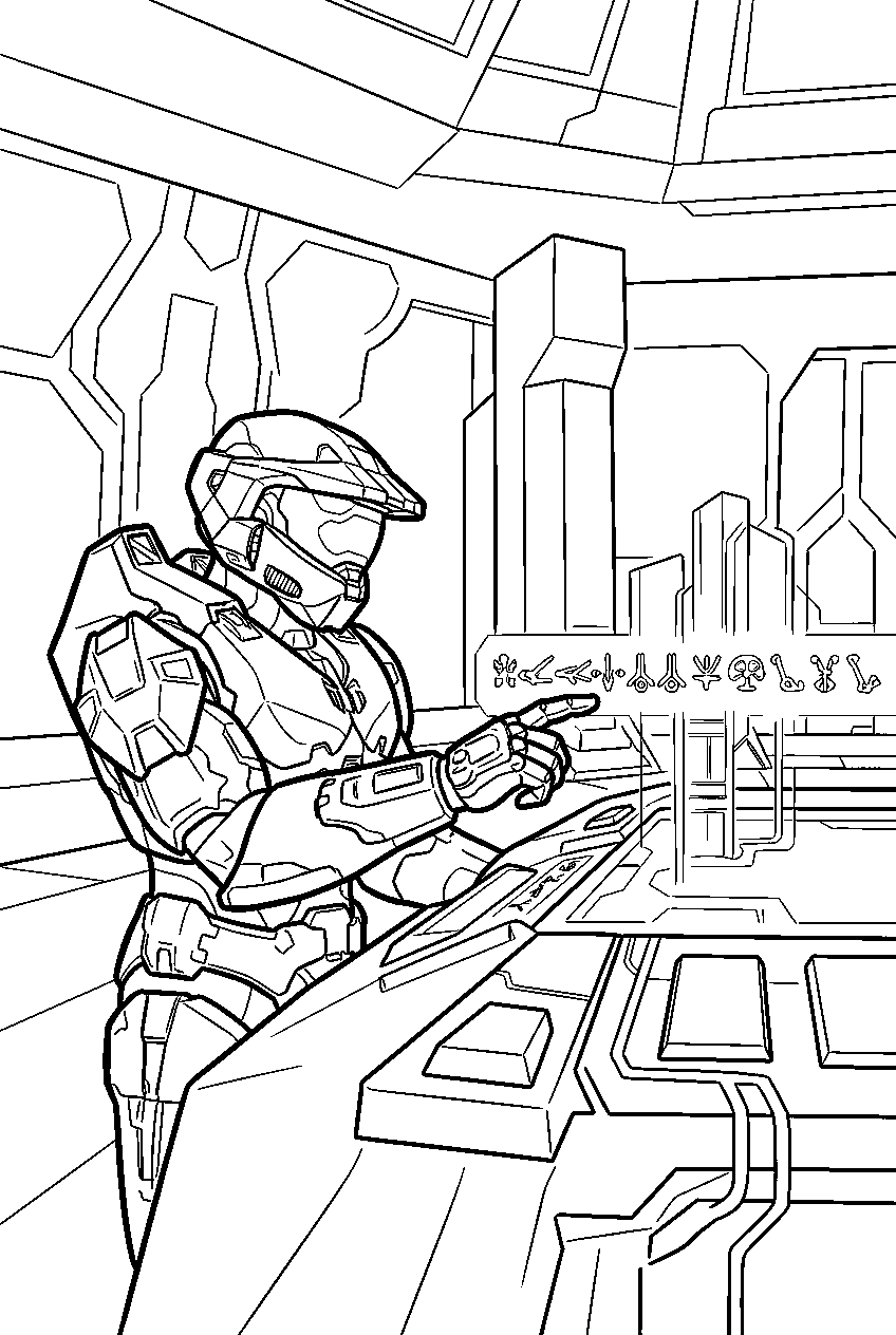 halo master chief in the command spire entering the sequence line art