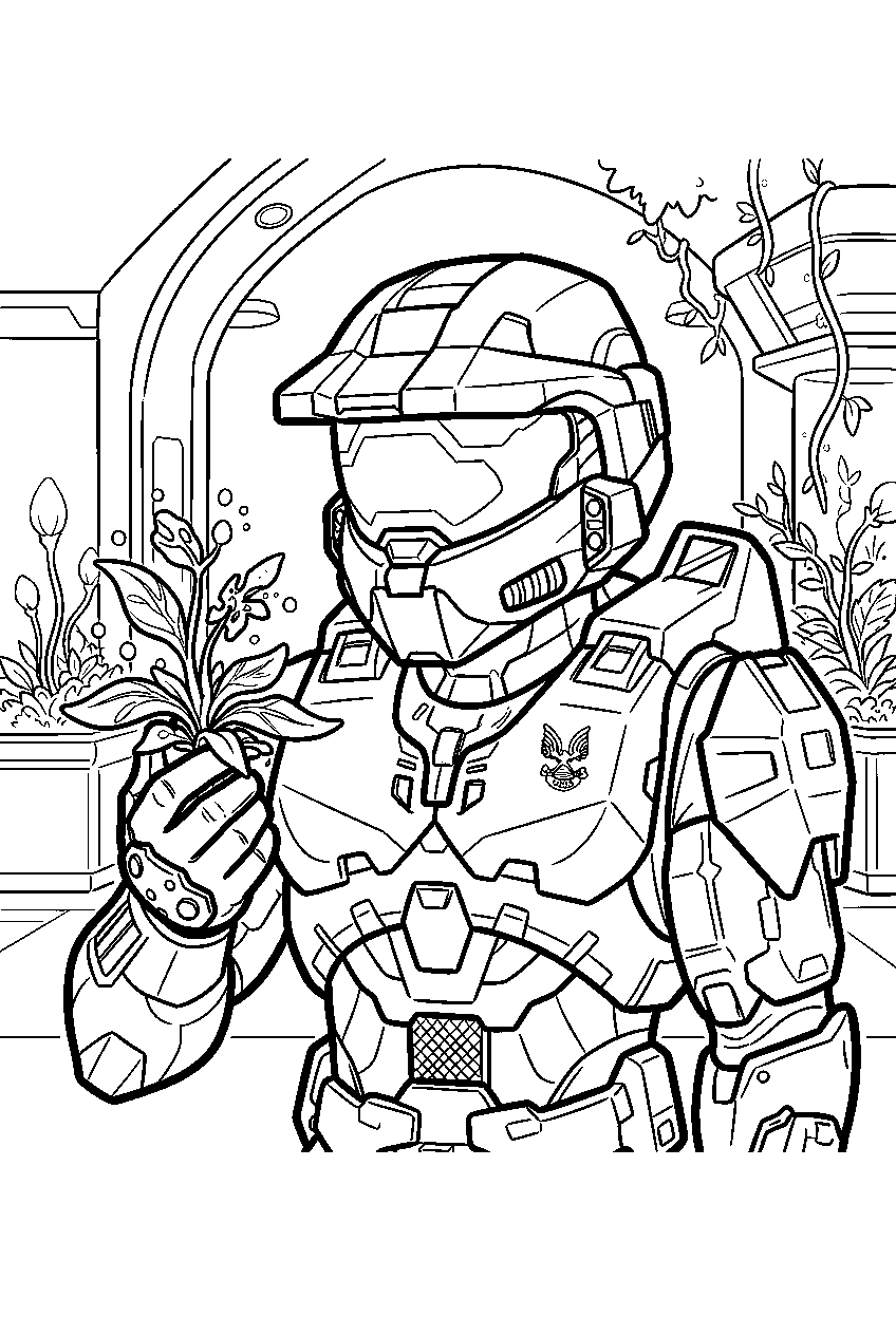 halo master chief in the conservatory examining plants line art