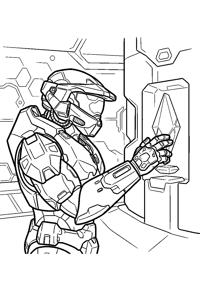 halo master chief in the library retrieving the index line art