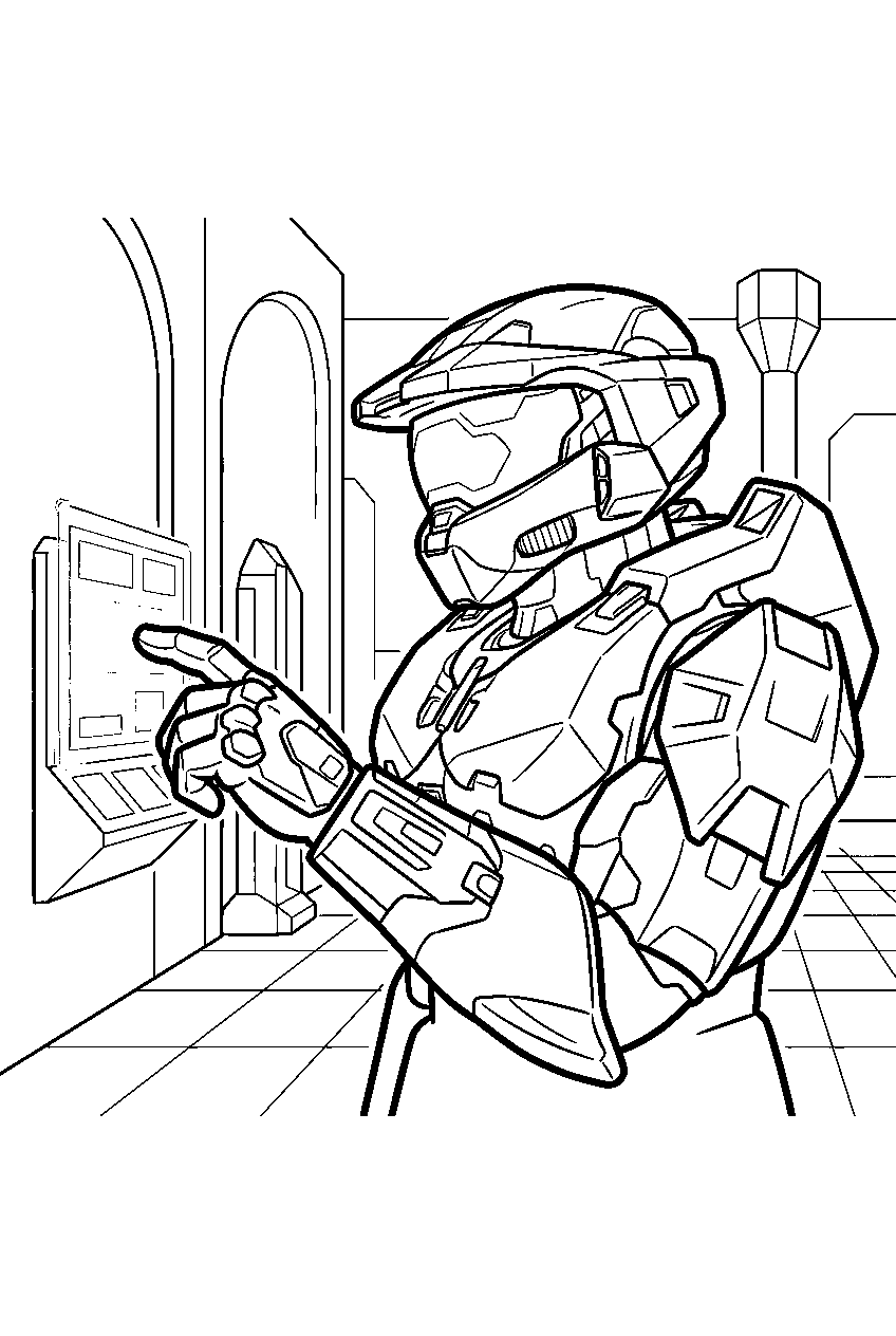 halo master chief in the library searching archives line art