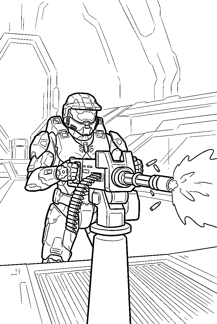 halo master chief in the repository firing a turret line art