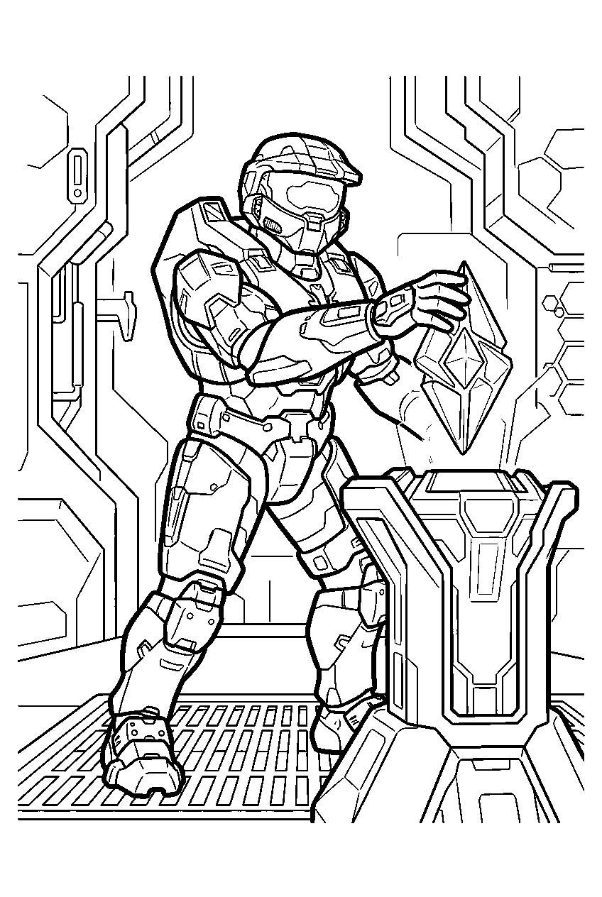 halo master chief in the repository retrieving an artifact line art