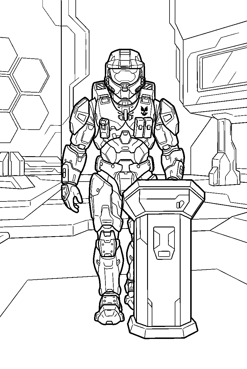 halo master chief in the silent auditorium approaching a podium line art