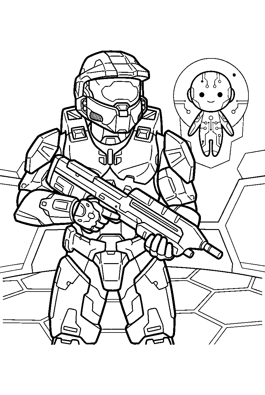 halo master chief in the silent auditorium protecting the weapon line art