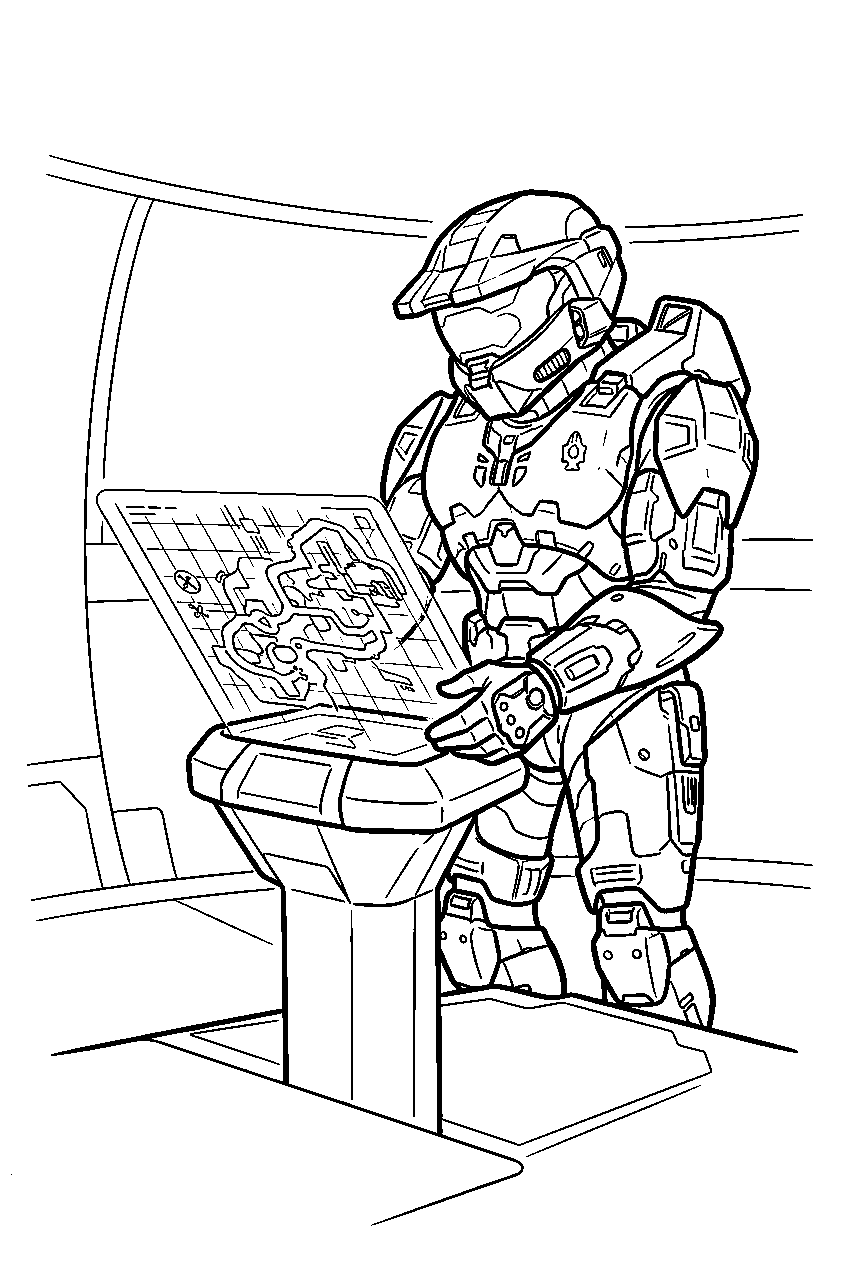 halo master chief in the silent cartographer studying a map line art