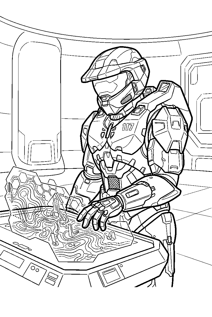 halo master chief in the silent cartographer studying the map line art