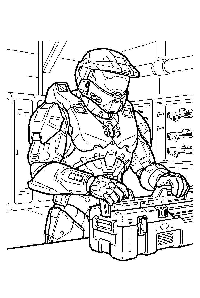 halo master chief in unsc armory loading equipment line art