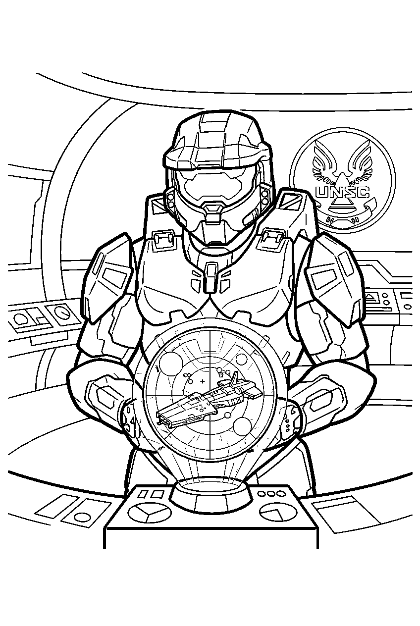 halo master chief in unsc command center reviewing a hologram line art