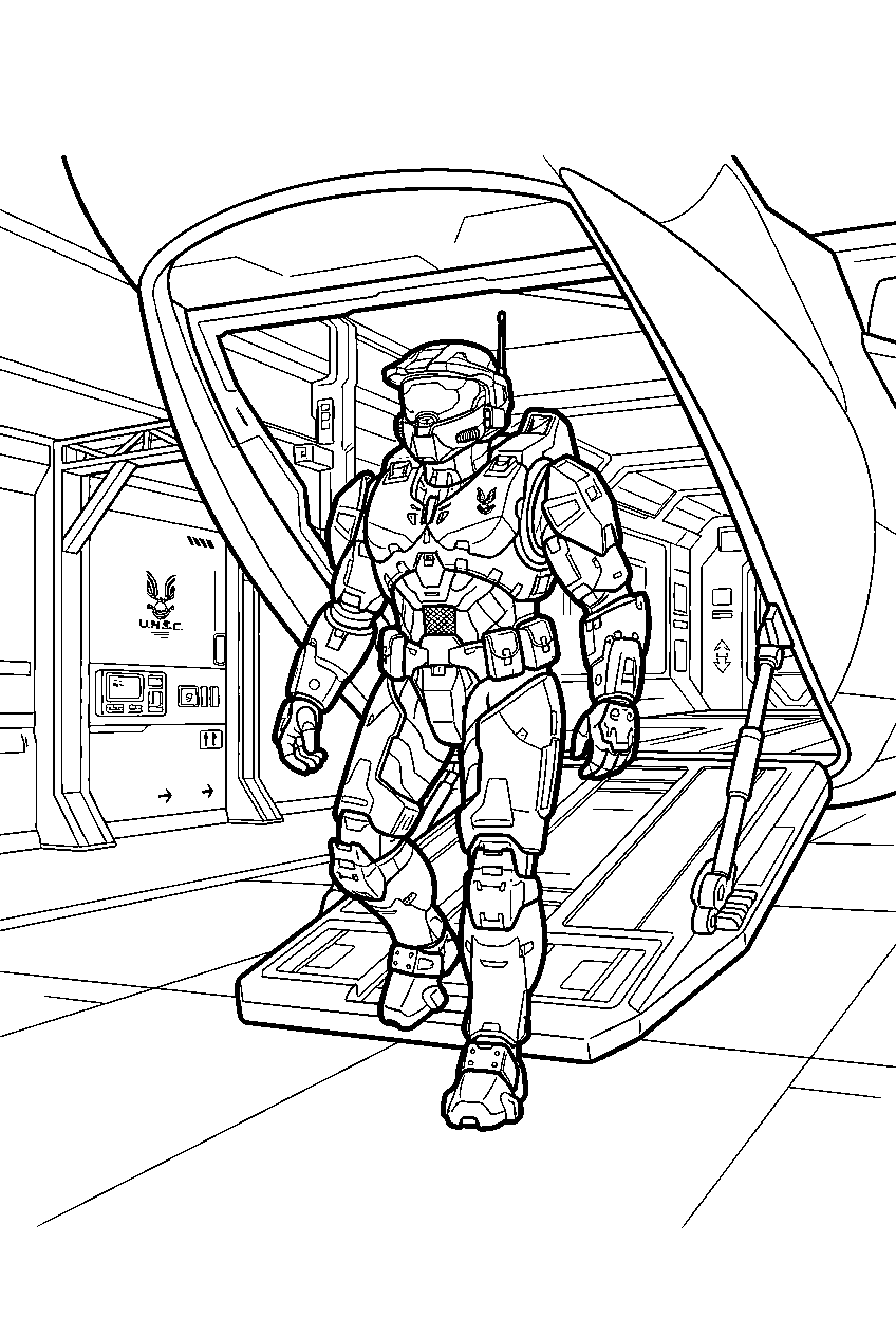 halo master chief in unsc hangar boarding a pelican line art