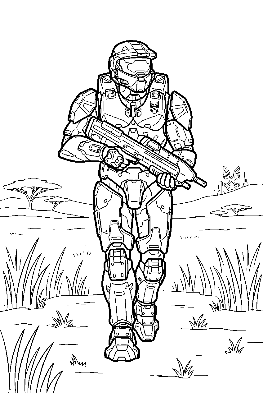 halo master chief in voi crossing the savanna line art