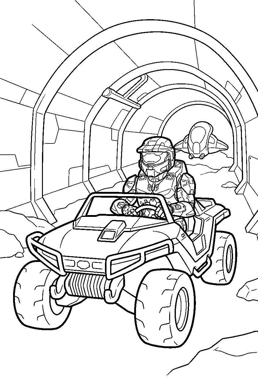 halo master chief in warthog escape tunnel racing toward lifeboat line art