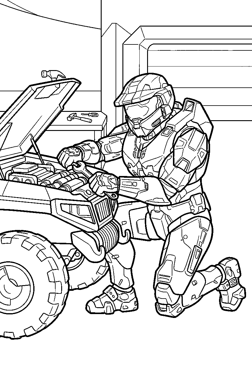 halo master chief in warthog garage repairing a warthog line art