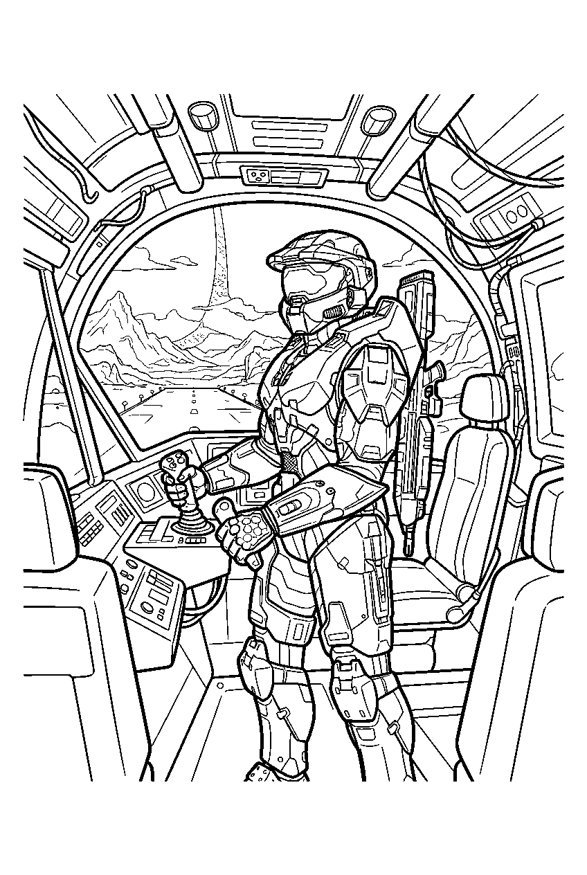 halo master chief inside pelican dropship preparing to land line art