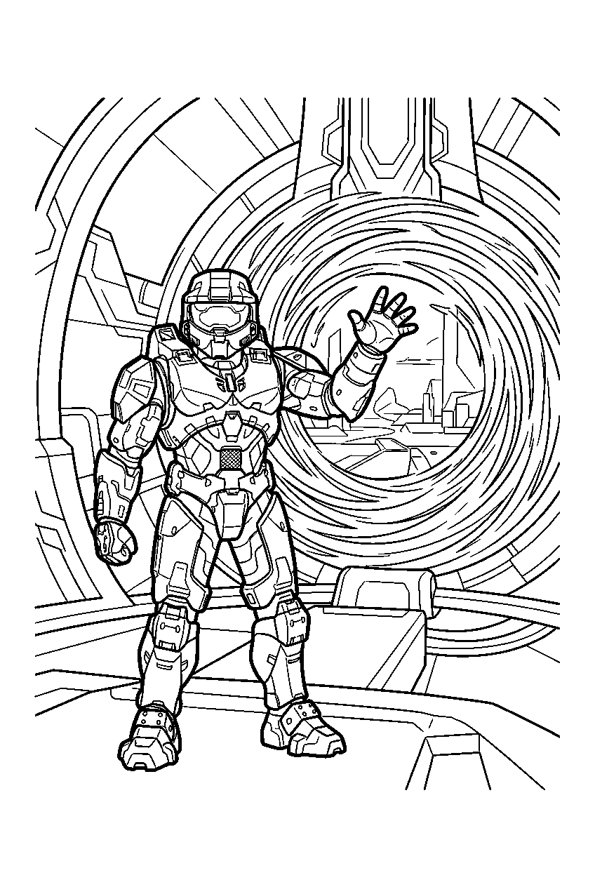 halo master chief inside the nexus opening a portal line art