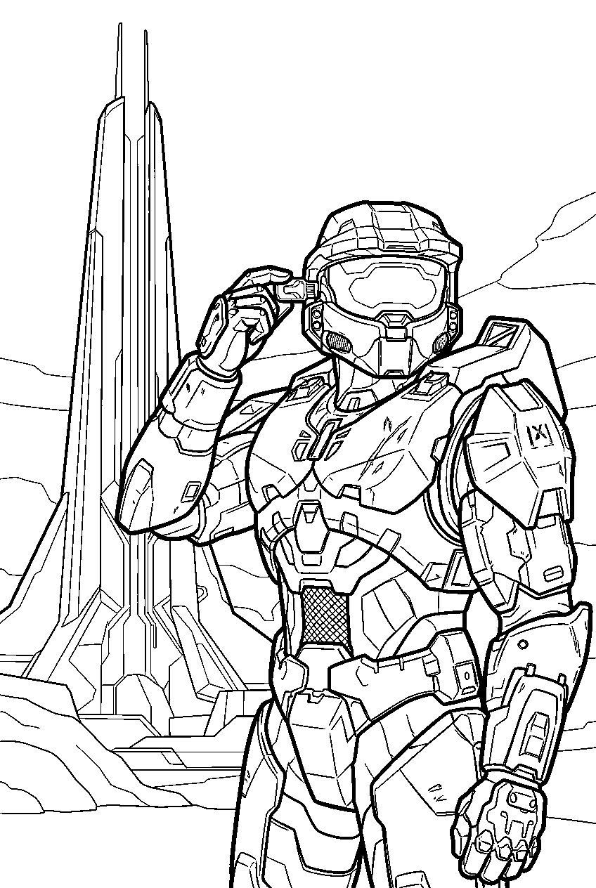halo master chief near a requiem tower using cortana chip line art