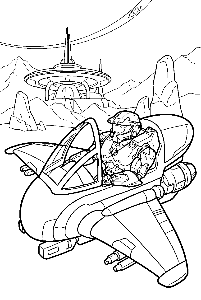 halo master chief near installation 04 control room piloting a banshee line art