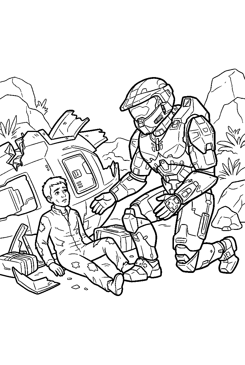 halo master chief near lifeboat crash site checking survivors line art