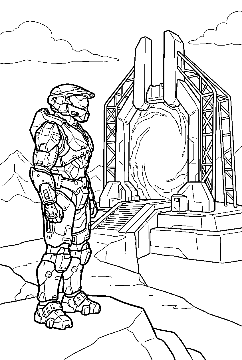 halo master chief near portal at voi watching the portal line art