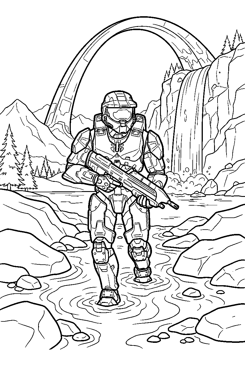 halo master chief near ringworld waterfall crossing a stream line art