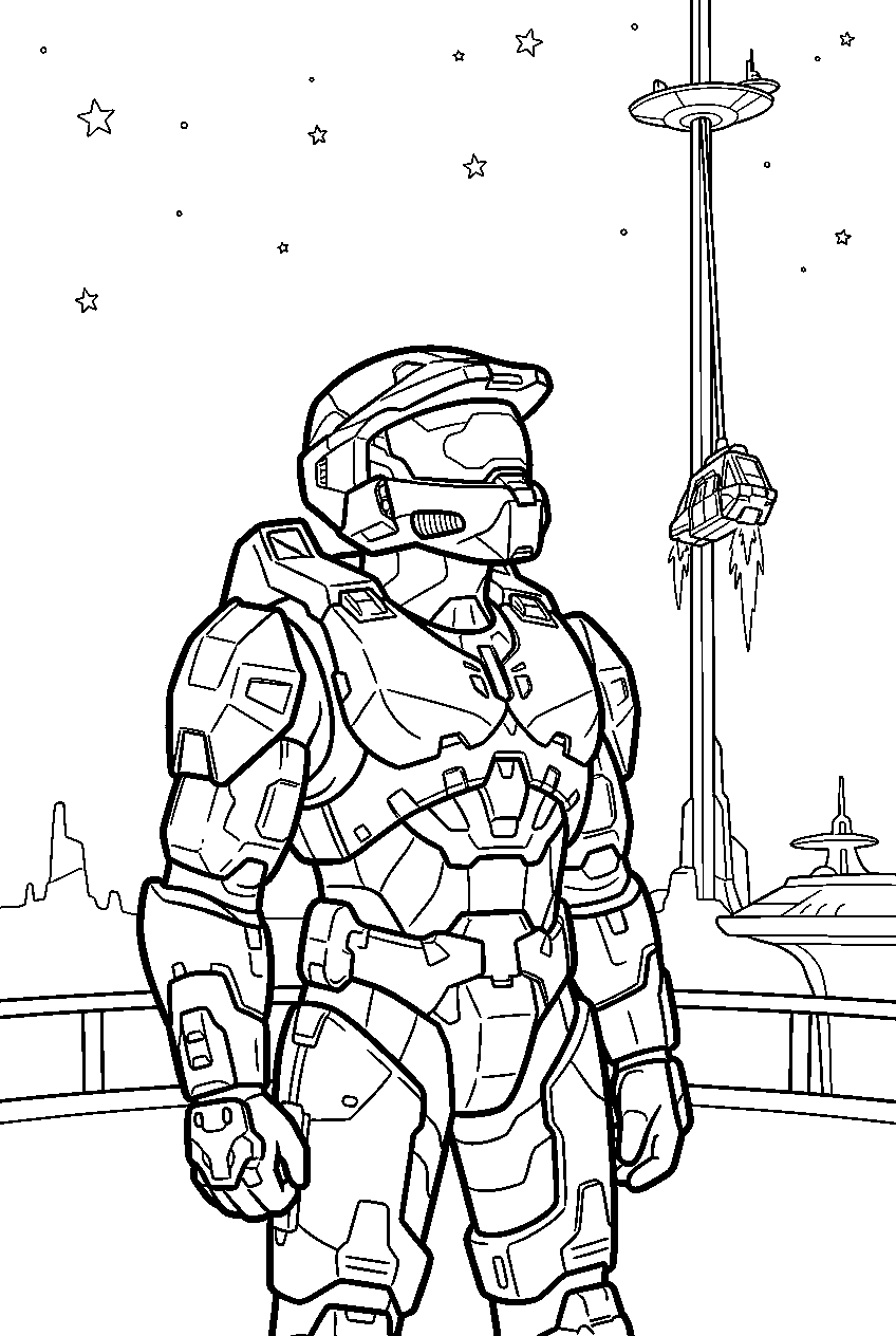 halo master chief near space elevator watching the ascent line art
