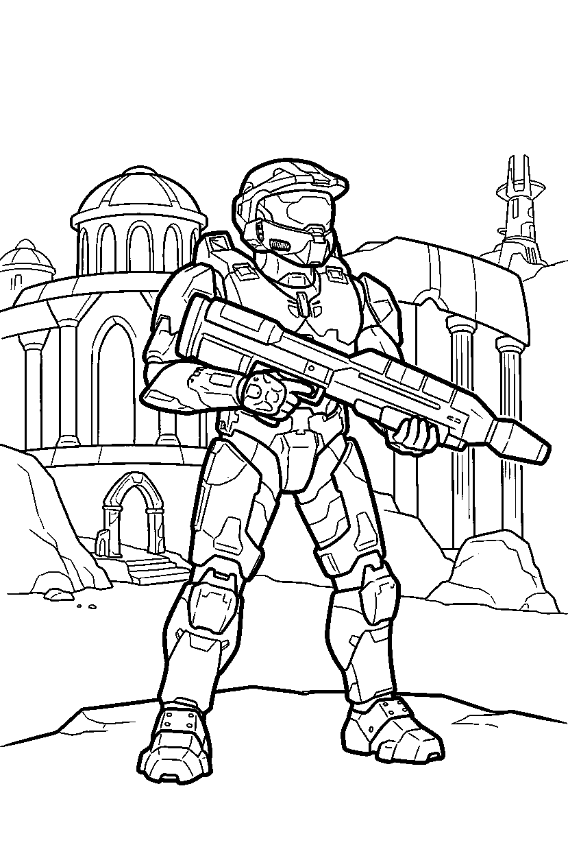 halo master chief near temple of regret carrying rocket launcher line art