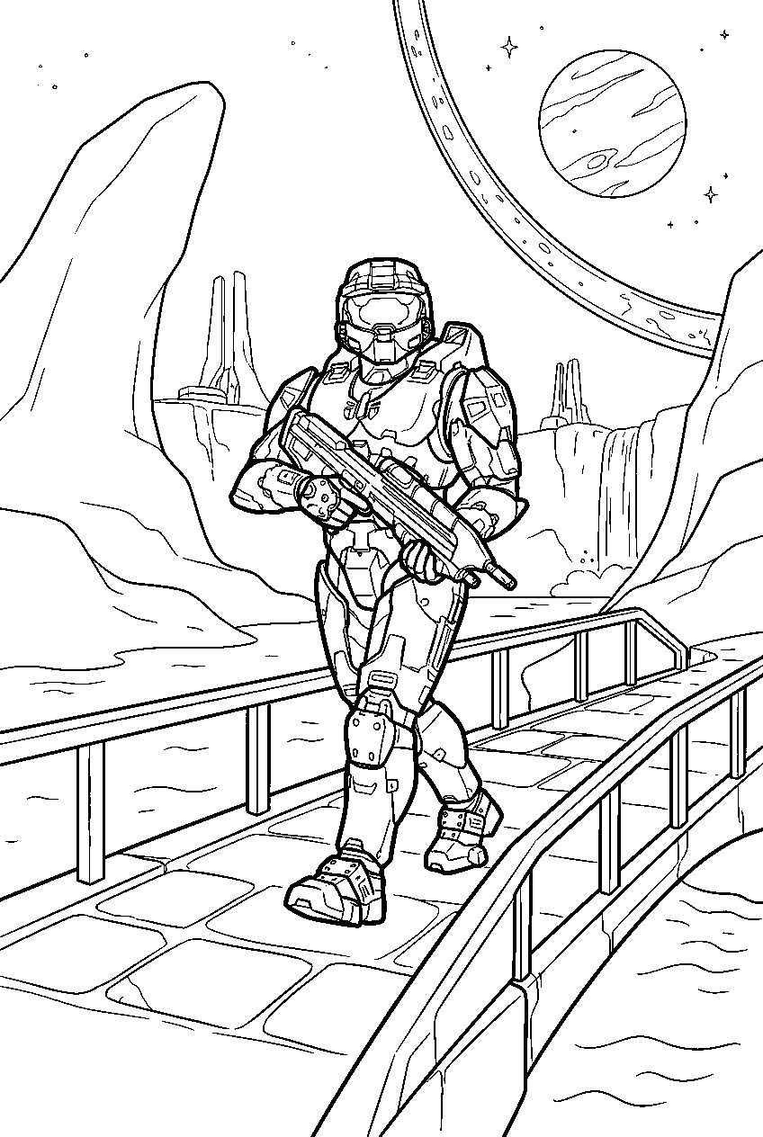 halo master chief on delta halo crossing a bridge line art