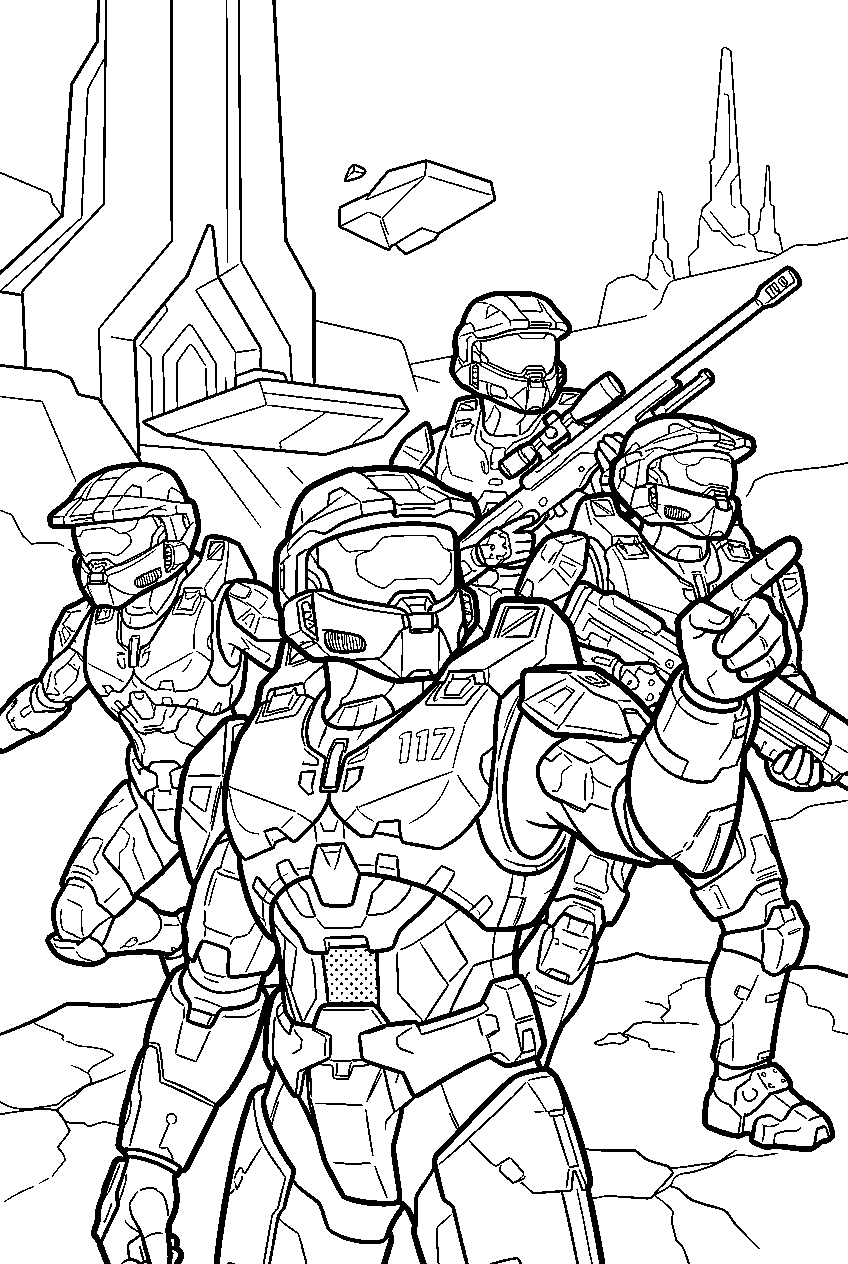 halo master chief on genesis leading blue team line art
