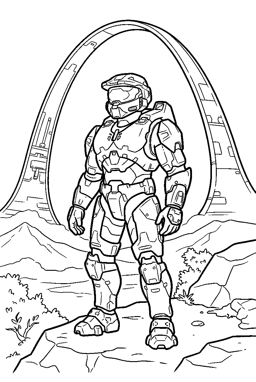 halo master chief on installation 04 surveying terrain line art