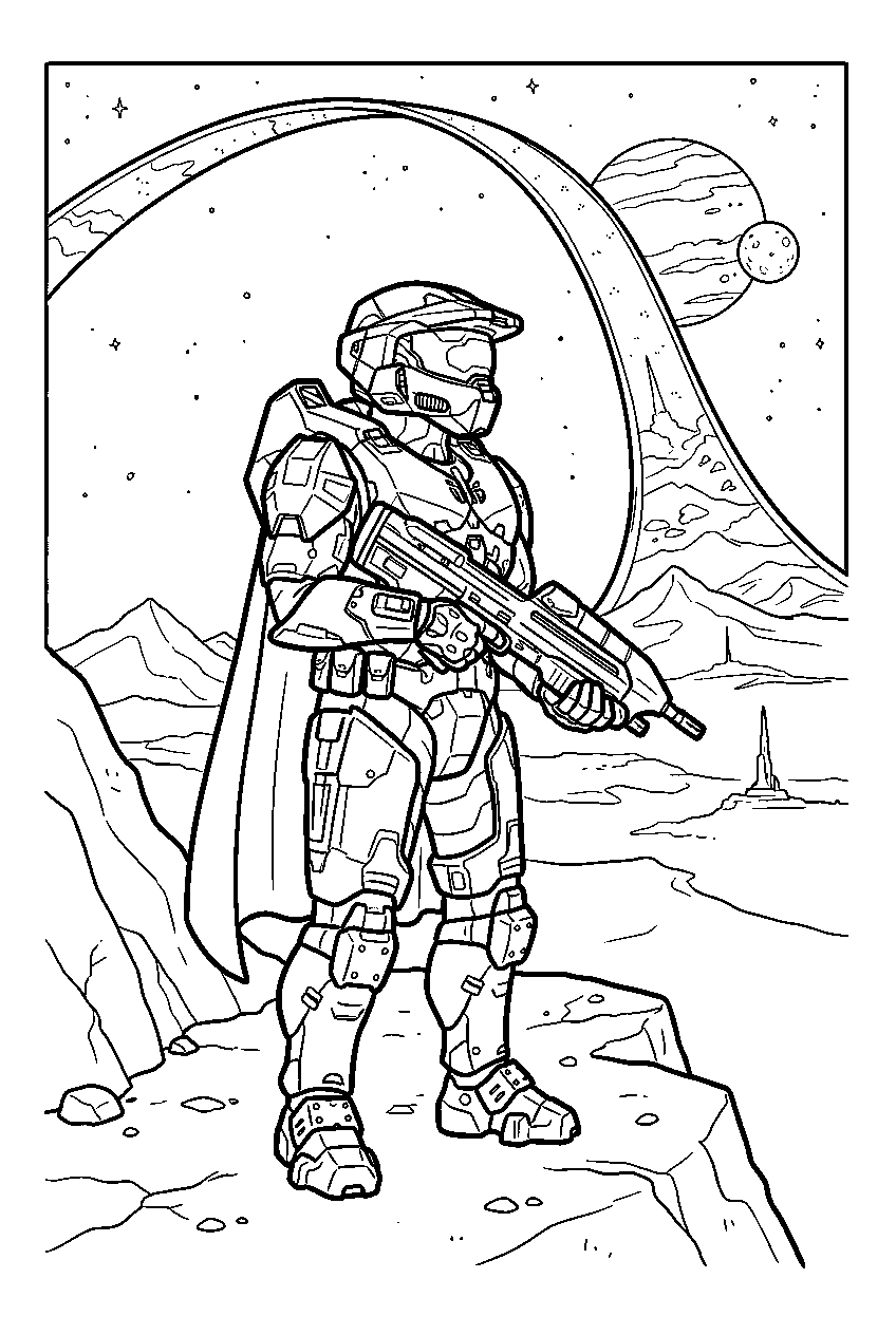 halo master chief on installation 04 surveying the ring line art