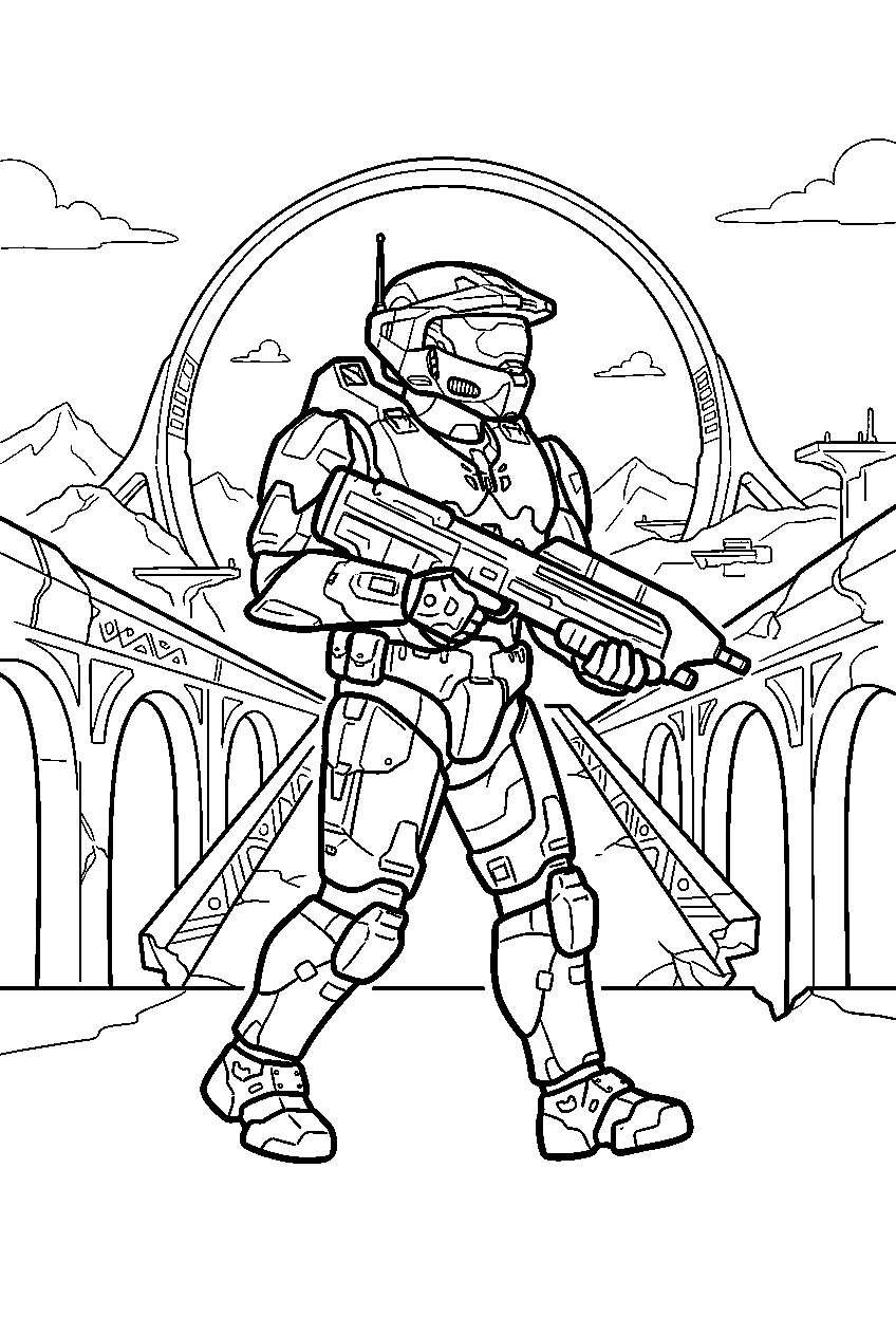 halo master chief on installation 05 crossing a bridge line art