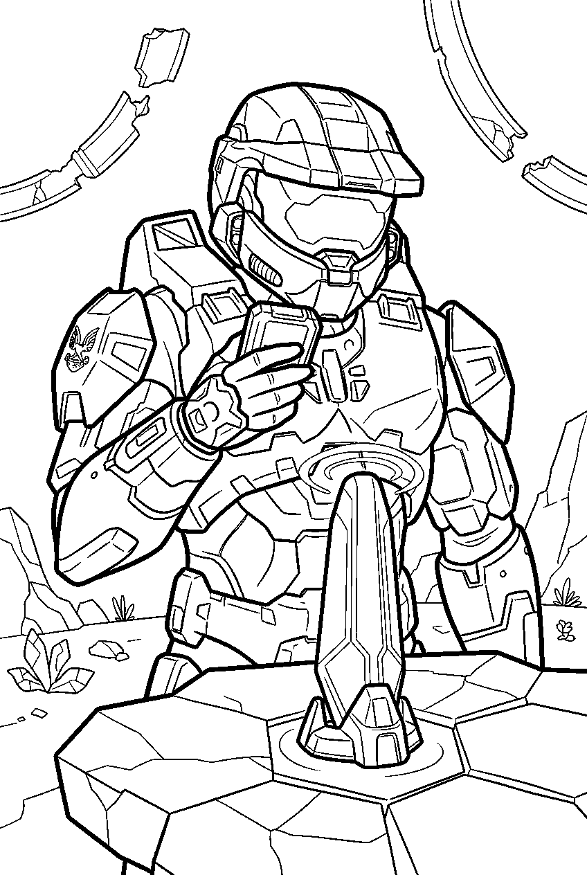 halo master chief on installation 07 scanning a beacon line art