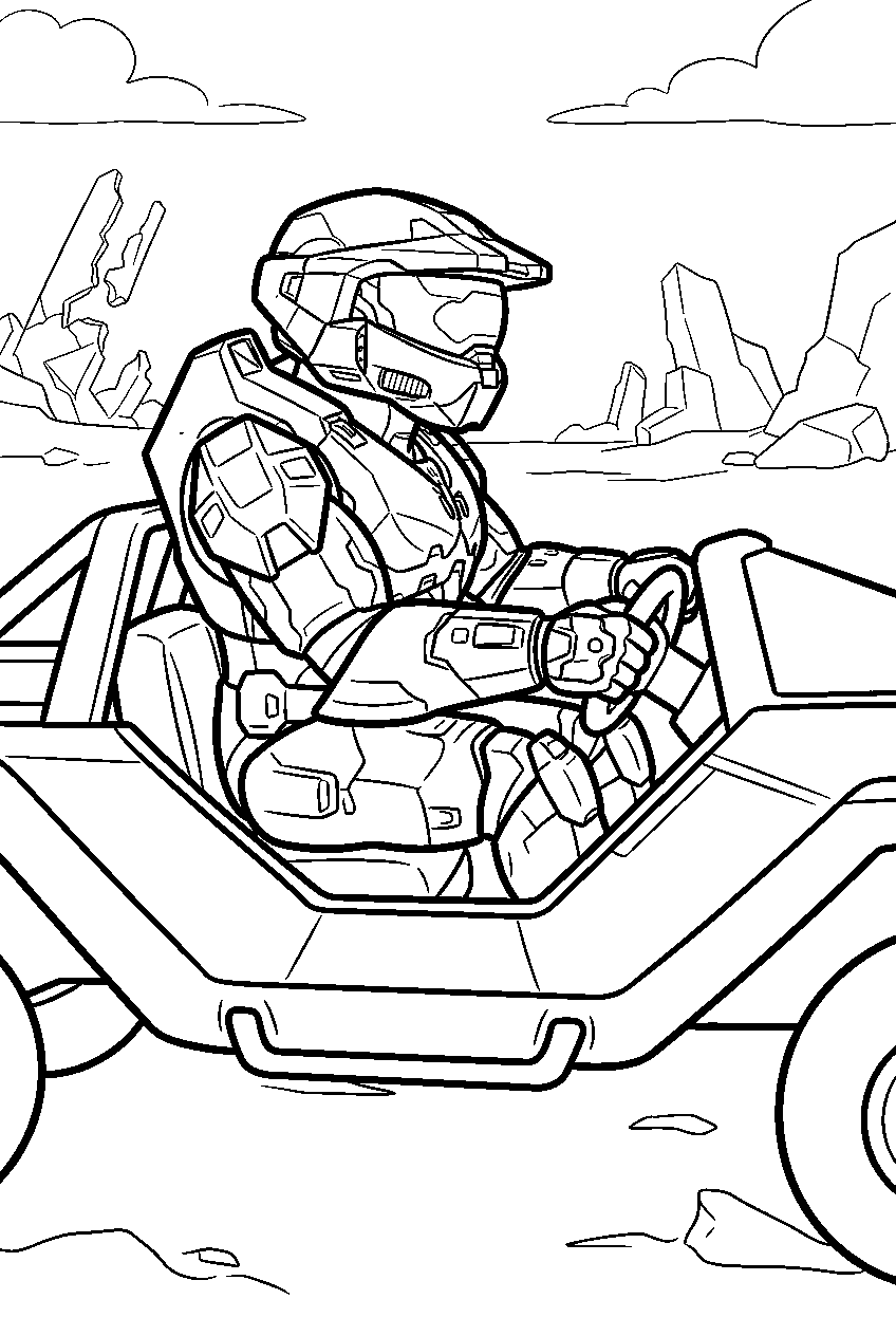 halo master chief on installation 08 driving toward dawn line art