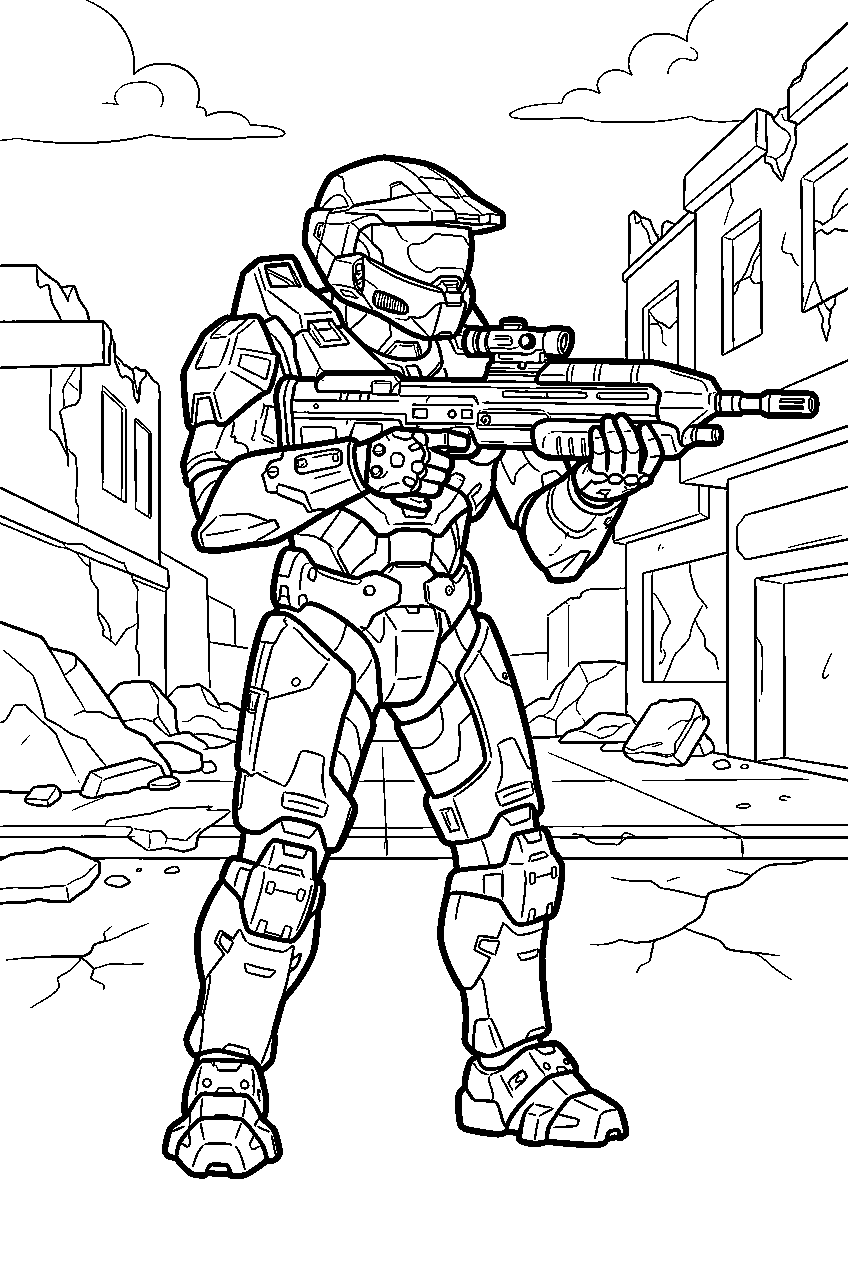 halo master chief on mombasa street aiming battle rifle line art