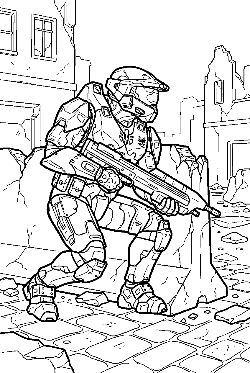 halo master chief on mombasa street taking cover line art