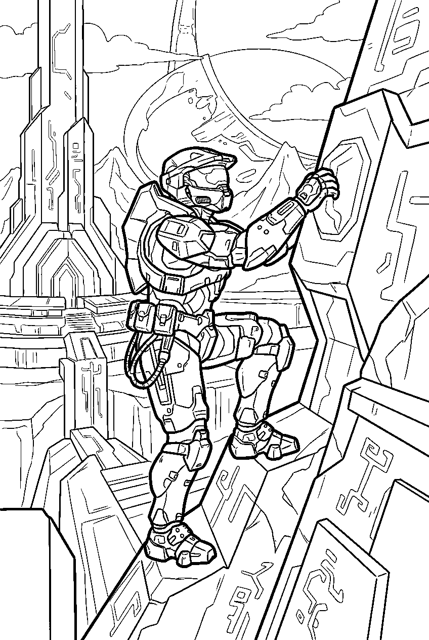 halo master chief on requiem climbing forerunner ruins line art