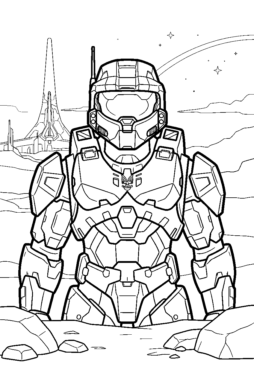 halo master chief on the ark line art