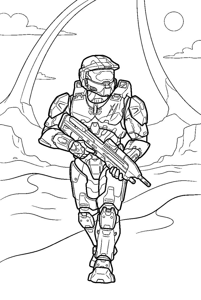 halo master chief on the ark crossing the desert line art