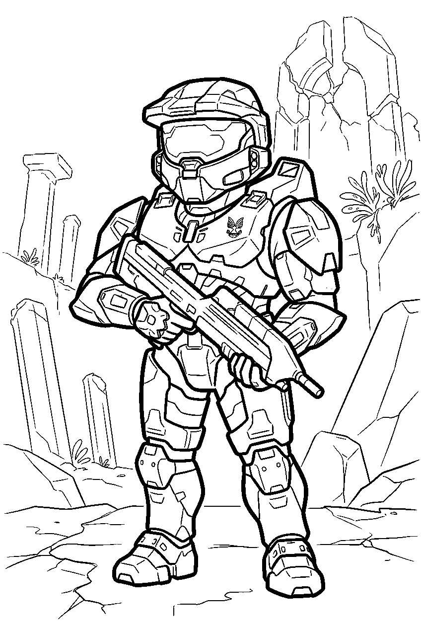 halo master chief on the ark exploring ruins line art
