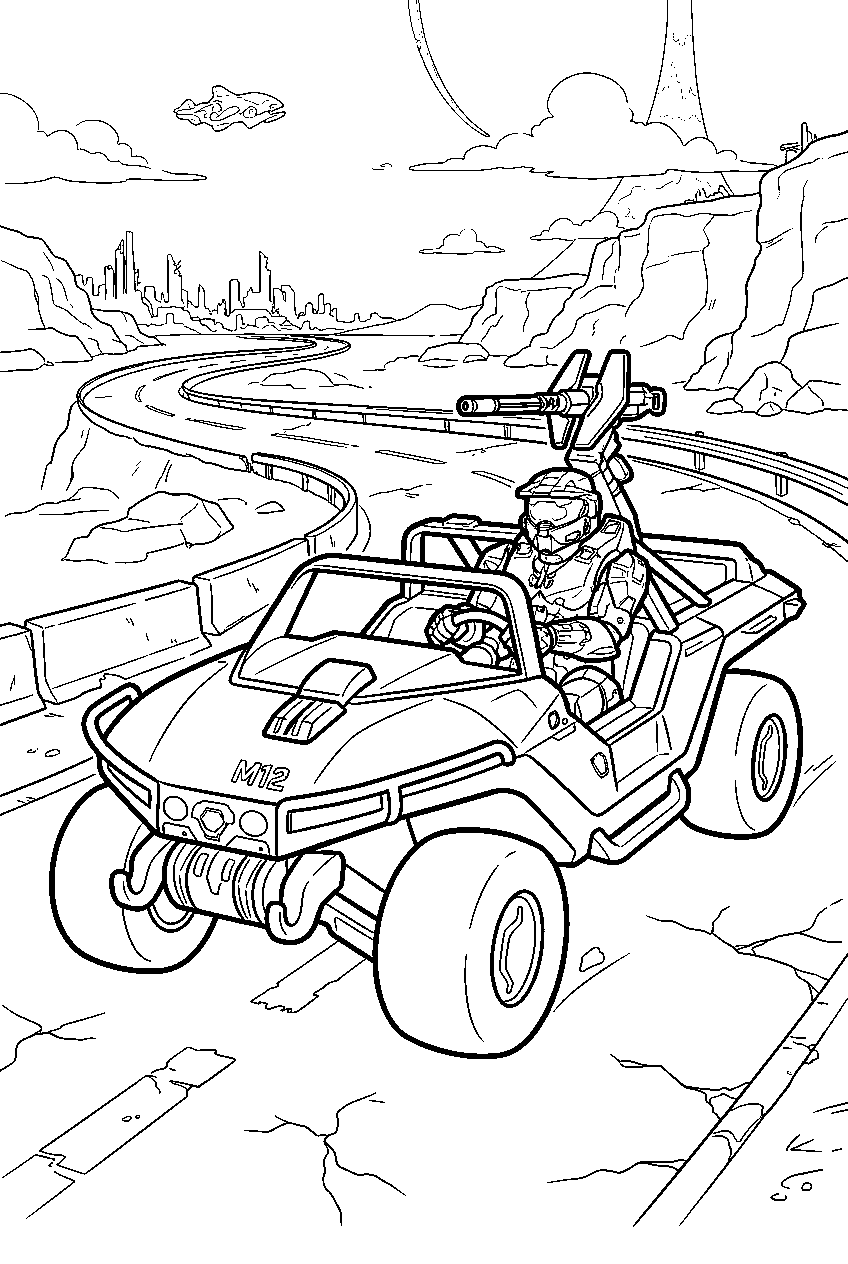 halo master chief on tsavo highway driving a warthog line art