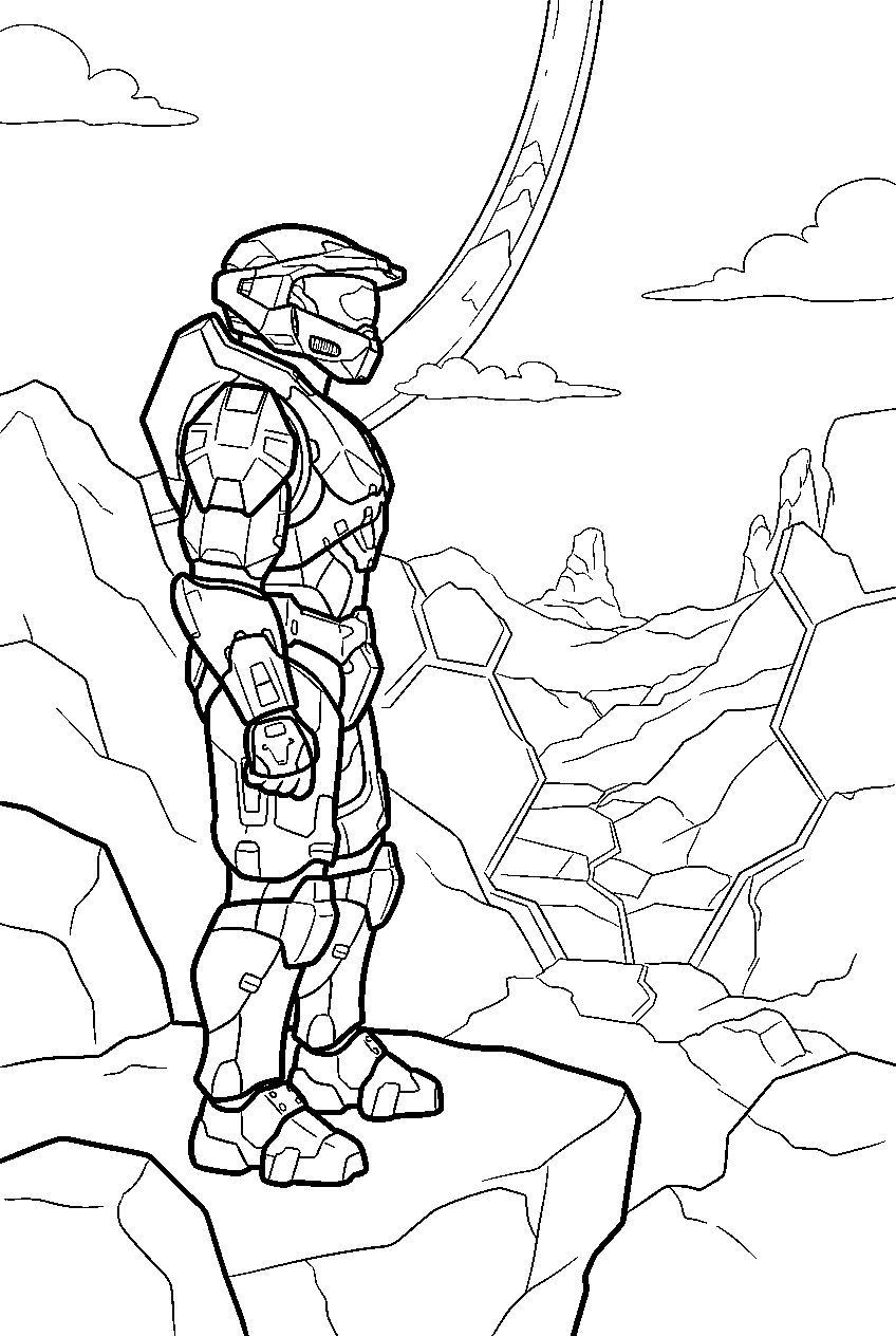 halo master chief on zeta halo overlooking a valley line art