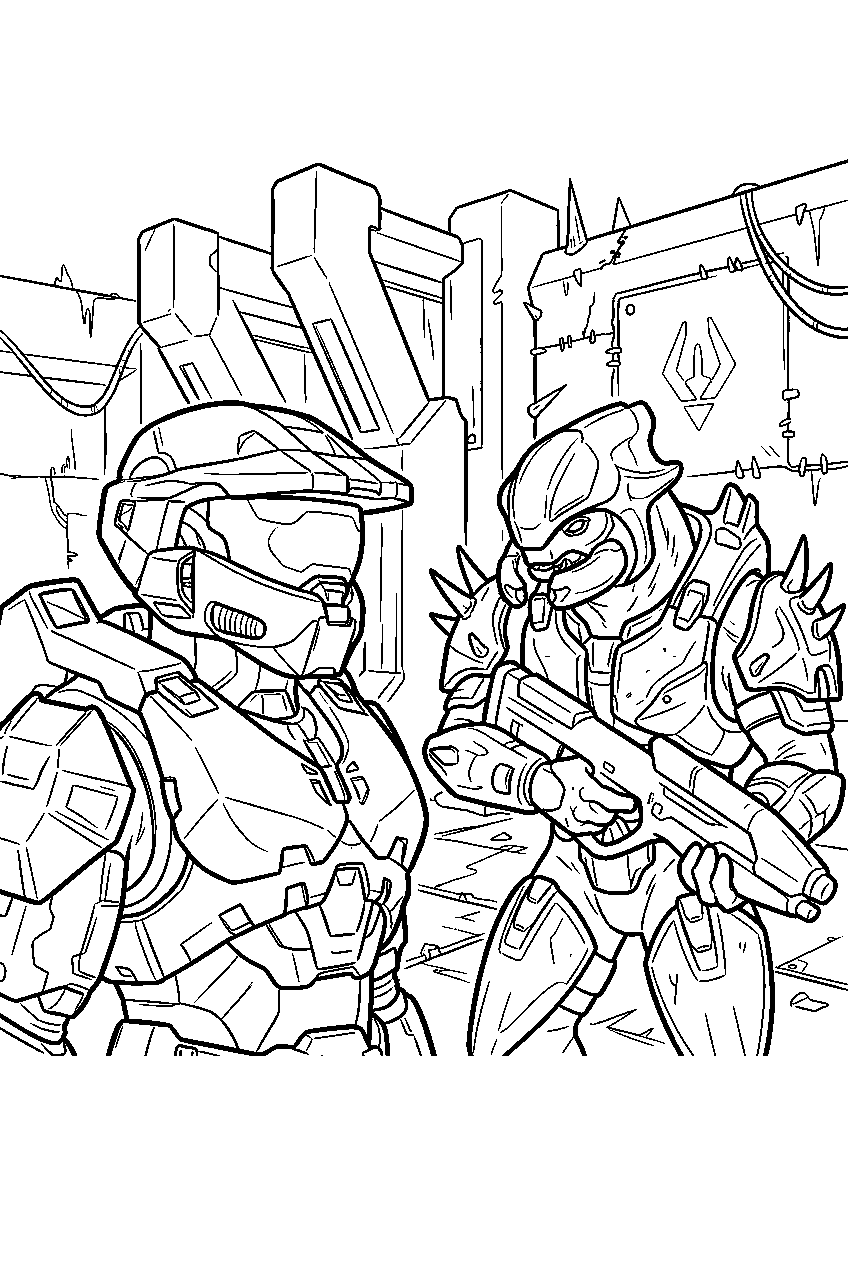 halo game characters at a banished outpost line art