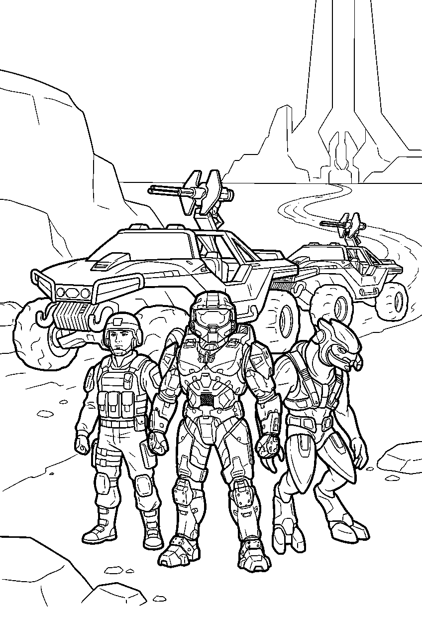 halo game characters beside warthog convoy line art