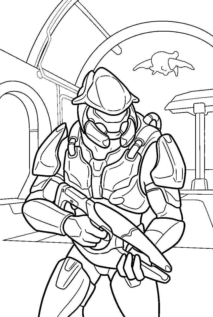 halo game characters in a covenant hangar line art