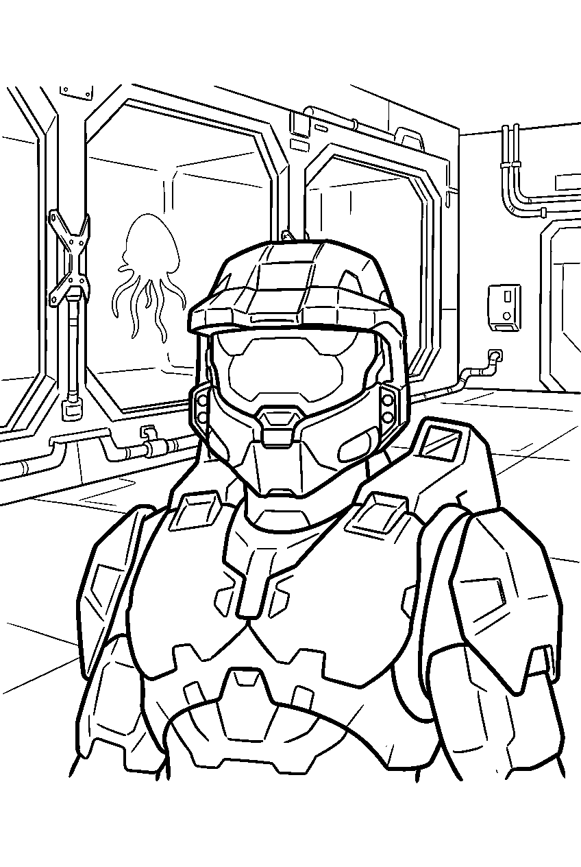 halo game characters in a flood containment facility line art