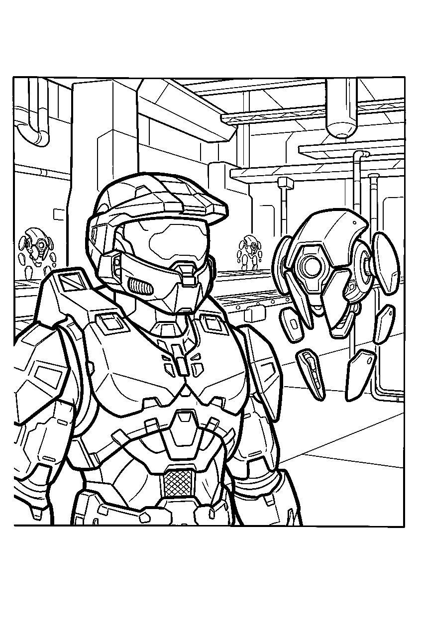 halo game characters in a sentinel factory line art