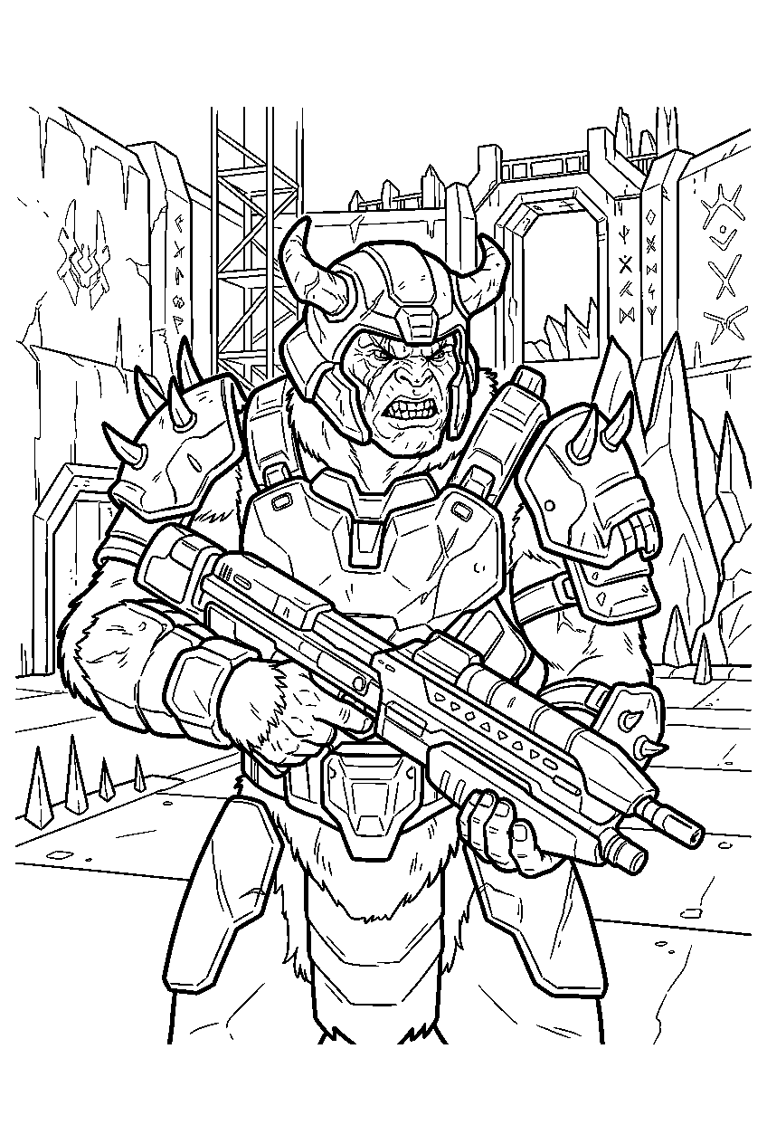 halo game characters in banished fortress line art