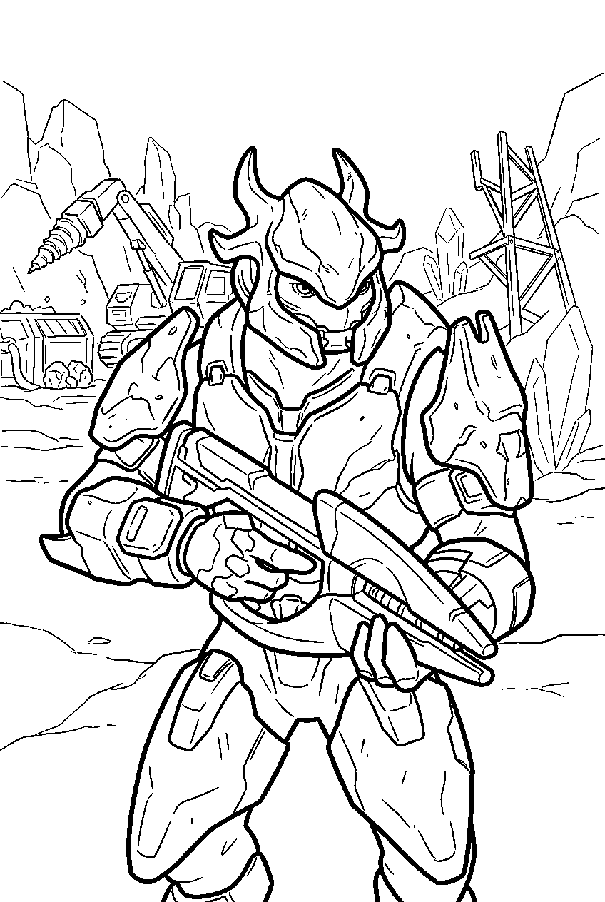 halo game characters in banished mining site line art
