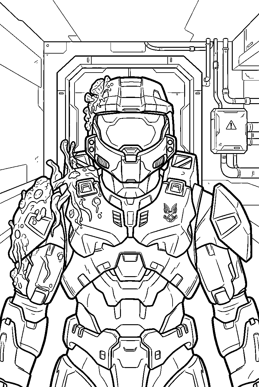 halo game characters in flood containment facility line art