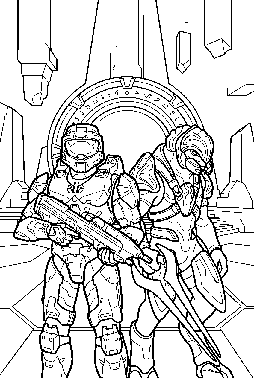 halo game characters in forerunner portal chamber line art